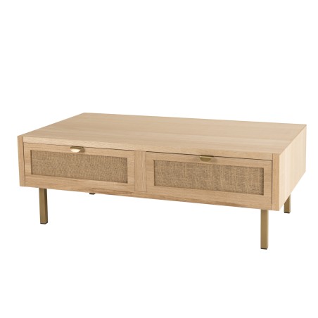 ALINE Coffee Table with 2 Drawers - Jute Fabric and Gold Metal Legs