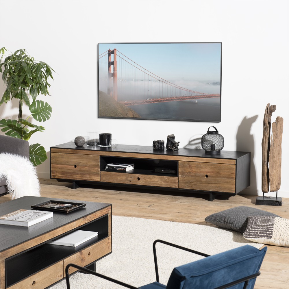 DANDY TV Stand 3 Drawers 1 Niche Natural Recycled Pine and Black