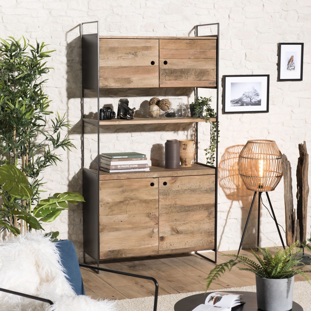 DANDY 4-Door Bookcase - Natural Recycled Pine & Black Metal DANDY 4-Door Bookcase - Natural Recycled Pine & Black Metal