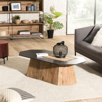 DANDY Octagonal Coffee Table - Recycled Pine Wood, Black Top