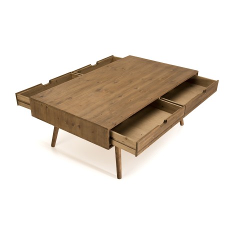 ANDY - Brown Rectangular Scandi Coffee Table with 4 Drawers | Pine Wood