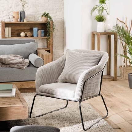 AGATHE - Pearl Grey Corduroy Fabric Armchair with Flared Metal Legs
