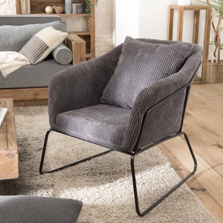 AGATHE Anthracite Grey Corduroy Fabric Armchair - Flared Metal Legs