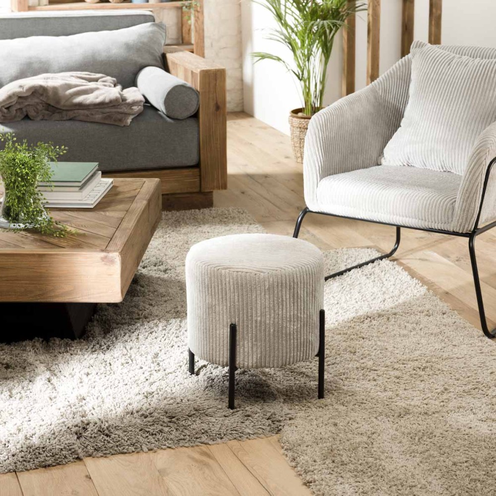 AGATHE Round Stool 36x36cm Pearl Grey Corduroy Fabric AGATHE Round Stool 36x36cm Pearl Grey Corduroy Fabric