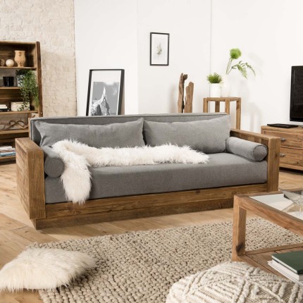 Canapé 3 places bois Pin recyclé marron tissu gris SANDY