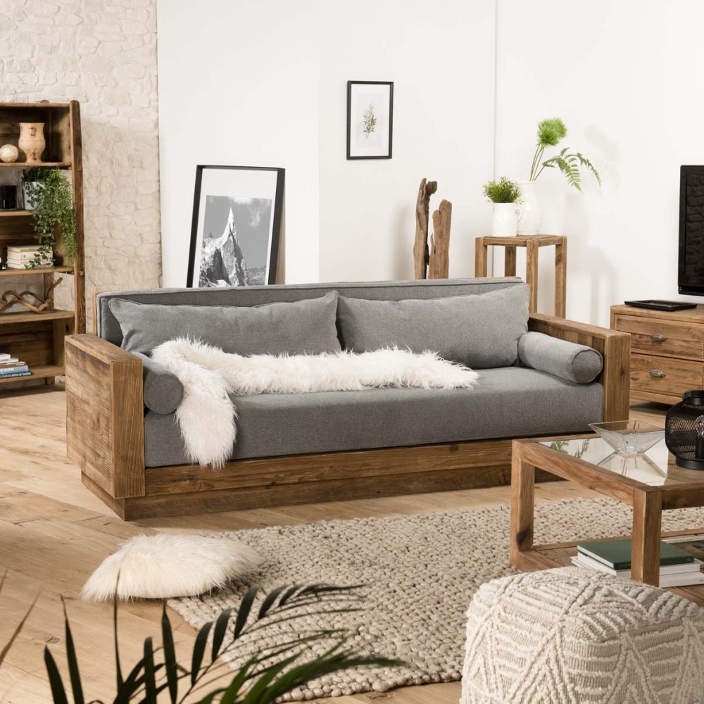 Canapé 3 places bois Pin recyclé marron tissu gris SANDY Canapé 3 places bois Pin recyclé marron tissu gris SANDY