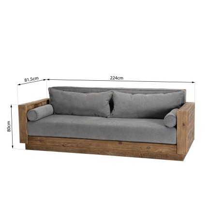 Canapé 3 places bois Pin recyclé marron tissu gris SANDY