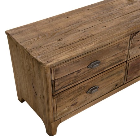 Meuble TV SANDY - Pin recyclé 6 tiroirs marron