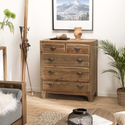 Meuble chiffonnier marron 5 tiroirs bois Pin recyclé - SANDY