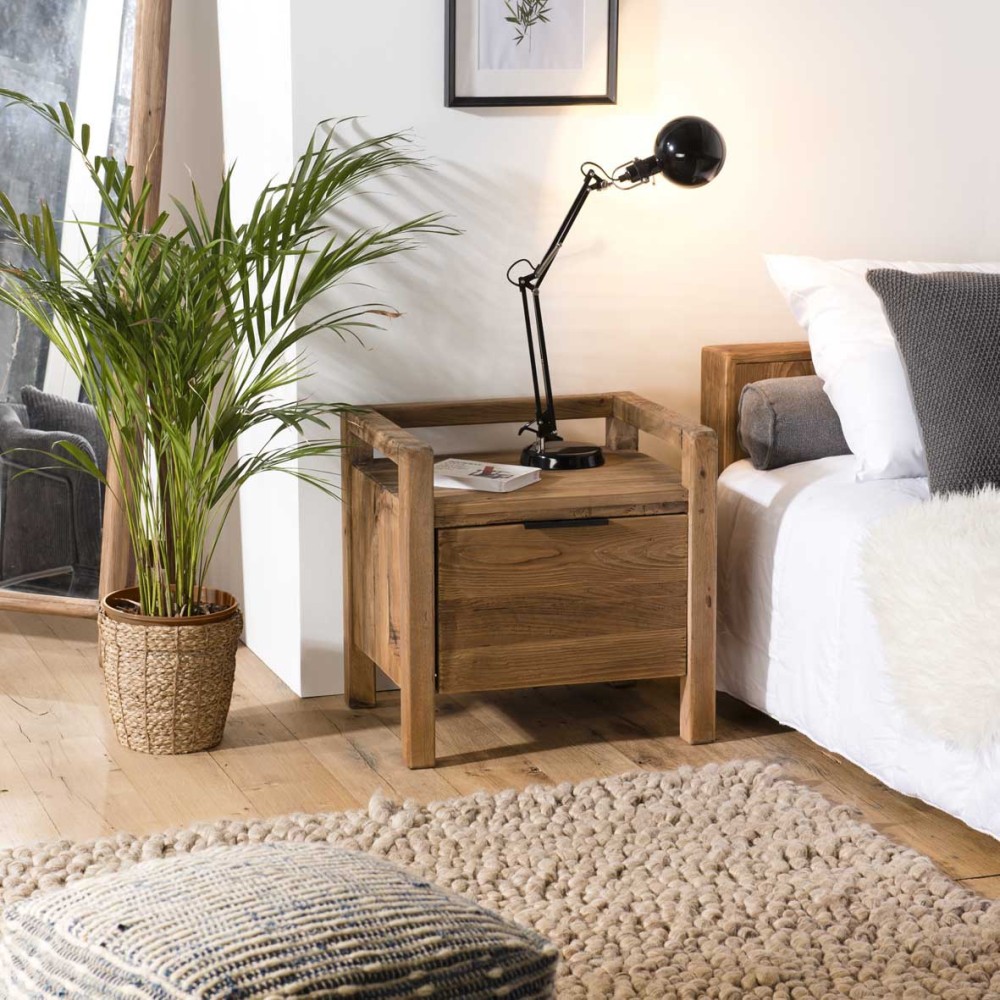 SANDY Brown Bedside Table - Recycled Pine - 1 Drawer - Ideal Dimensions SANDY Brown Bedside Table - Recycled Pine - 1 Drawer - Ideal Dimensions