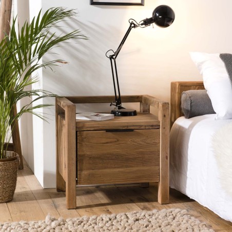 SANDY Brown Bedside Table - Recycled Pine - 1 Drawer - Ideal Dimensions