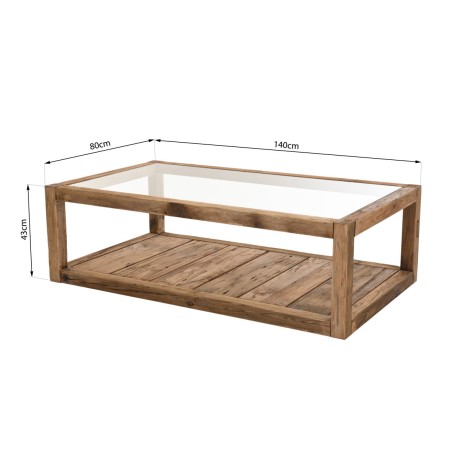 SANDY Brown Coffee Table - Glass Top & Recycled Pine | Dimensions