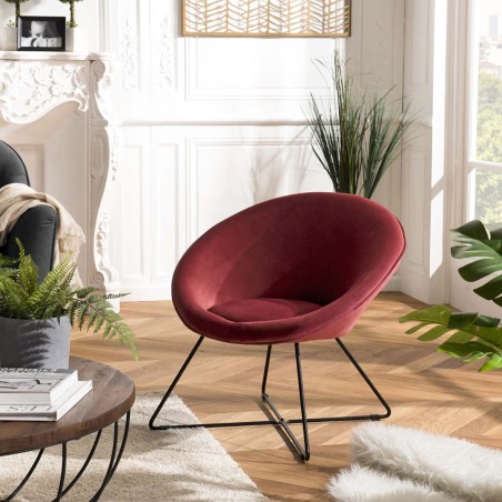 Fauteuil AGATHE - Velours Bordeaux - Pieds Croisés