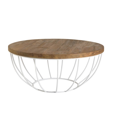 Table basse ronde SIXTINE 80x80cm teck recyclé métal blanc
