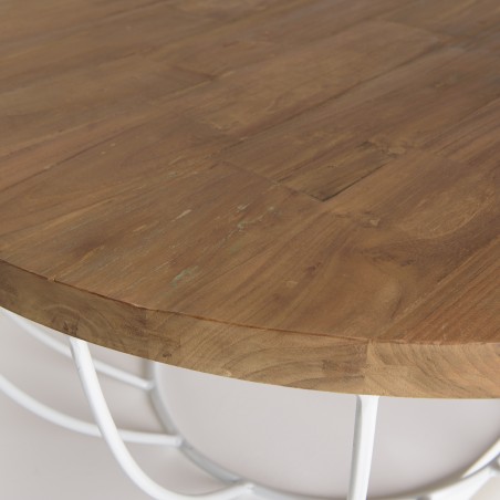 Table basse ronde SIXTINE 80x80cm teck recyclé métal blanc