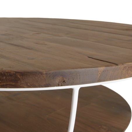 Table basse coque ronde 80x80cm teck recyclé métal blanc