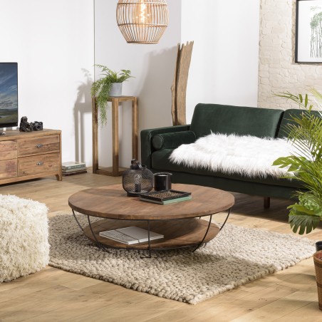 SIXTINE Round Shell Coffee Table 120x120cm Double Top Recycled Teak Black Metal