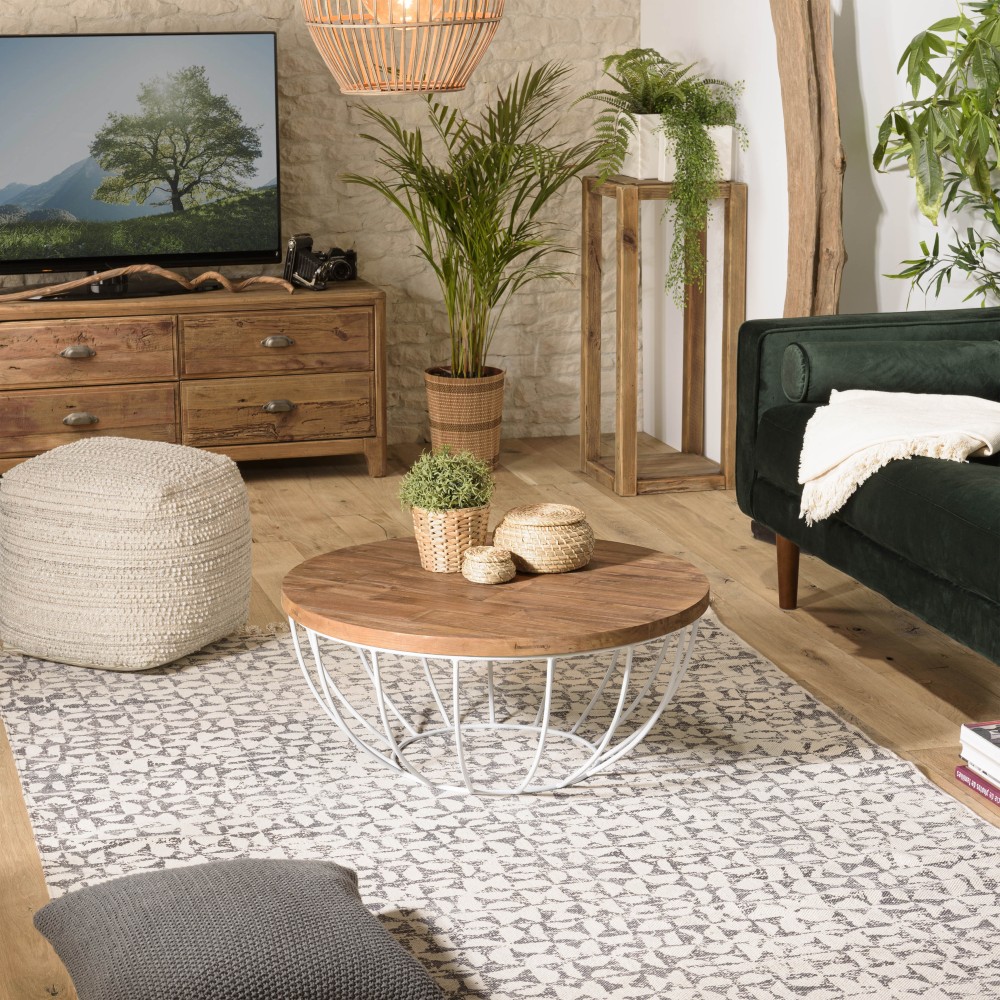 SIXTINE Round Shell Coffee Table 80x80cm - Recycled Teak Top with White Metal Legs SIXTINE Round Shell Coffee Table 80x80cm - Recycled Teak Top with White Metal Legs