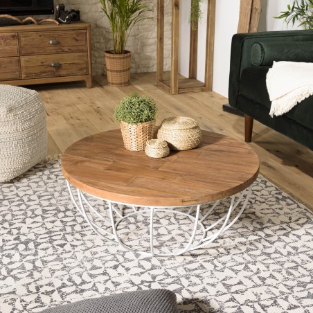 SIXTINE Round Shell Coffee Table 80x80cm - Recycled Teak Top with White Metal Legs