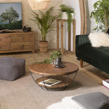 SIXTINE Round Shell Coffee Table 80x80cm Double Top Recycled Teak Black Metal