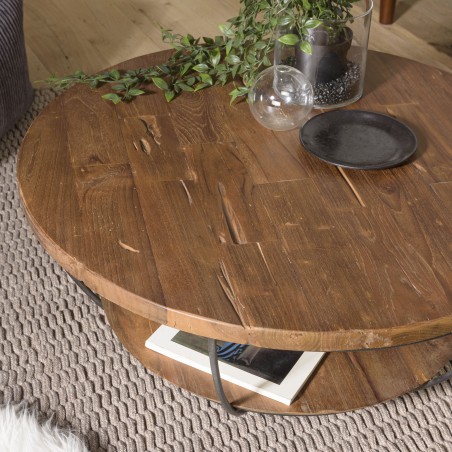 SIXTINE Round Shell Coffee Table 80x80cm Double Top Recycled Teak Black Metal