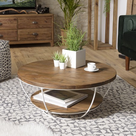 SIXTINE Round Shell Coffee Table 80x80cm - Recycled Teak White Metal