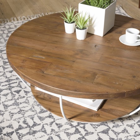 Table basse coque ronde 80x80cm teck recyclé métal blanc