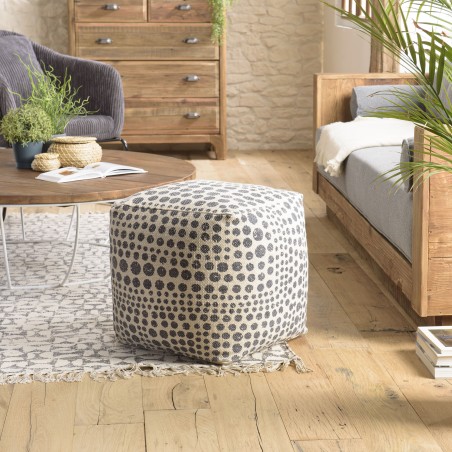 Pouf carré SACHA 46x46cm - Tissu coton imprimé pois gris