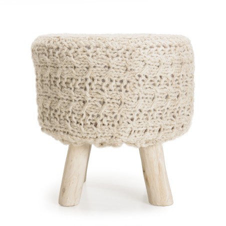 Tabouret bohème SACHA 40x40cm bois et laine ivoire