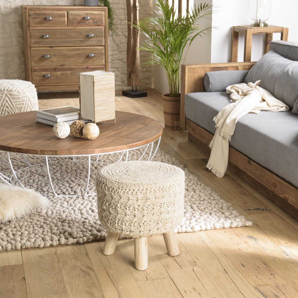 SACHA - Round Bohemian Stool, 40 x 40 cm, Wood and Ivory Wool SACHA - Round Bohemian Stool, 40 x 40 cm, Wood and Ivory Wool
