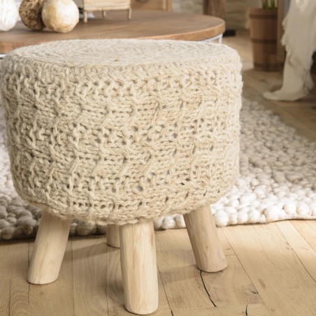 Tabouret bohème SACHA 40x40cm bois et laine ivoire
