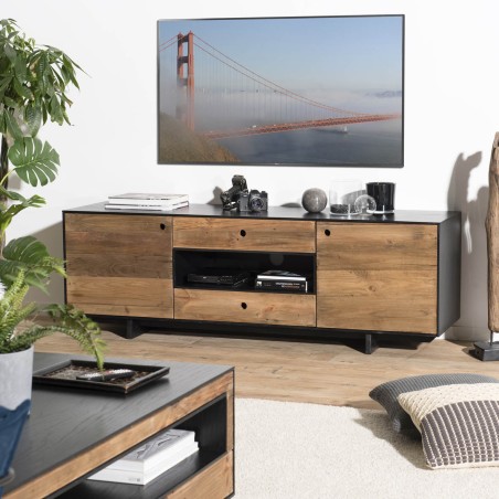 Meuble TV DANDY en pin recyclé naturel et noir