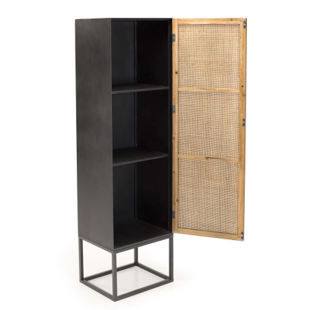 Armoire DORIA - Métal Noir 1 Porte 2 Étagères - Cannage Naturel