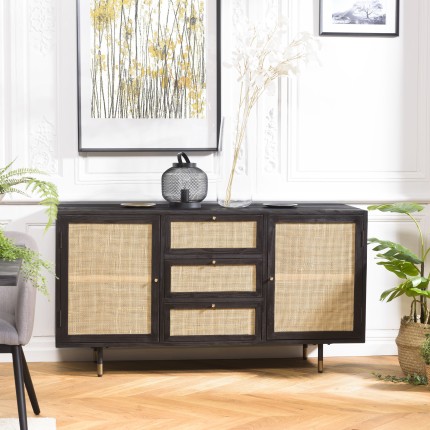 Buffet YANIS - Bois Pin Noir 3 Tiroirs 2 Portes Cannage