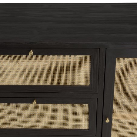 YANIS Black Pine Sideboard with 3 Drawers and 2 Cane Doors