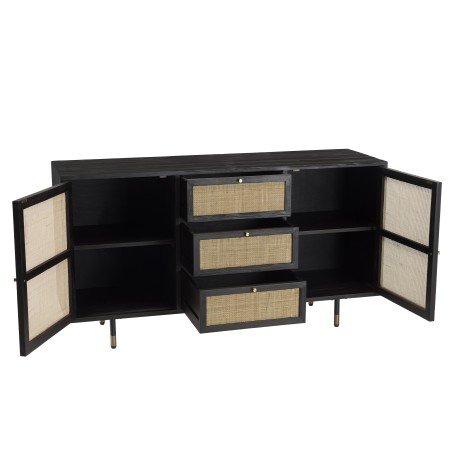 Buffet YANIS - Bois Pin Noir 3 Tiroirs 2 Portes Cannage