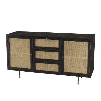 YANIS Black Pine Sideboard with 3 Drawers and 2 Cane Doors