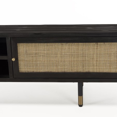 Meuble TV YANIS - Bois Pin noir 2 niches 2 portes cannage