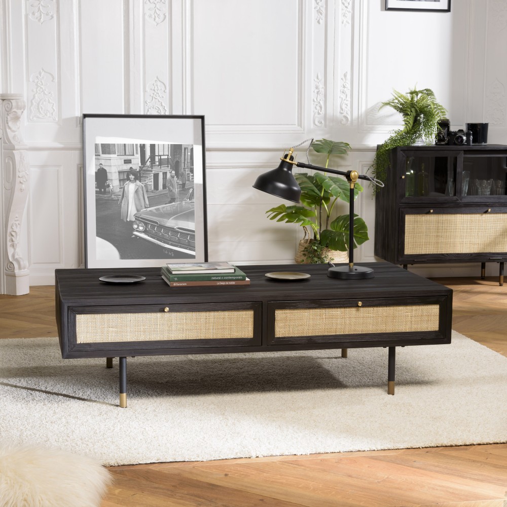 Table basse YANIS - Bois Pin noir 4 tiroirs cannage Table basse YANIS - Bois Pin noir 4 tiroirs cannage