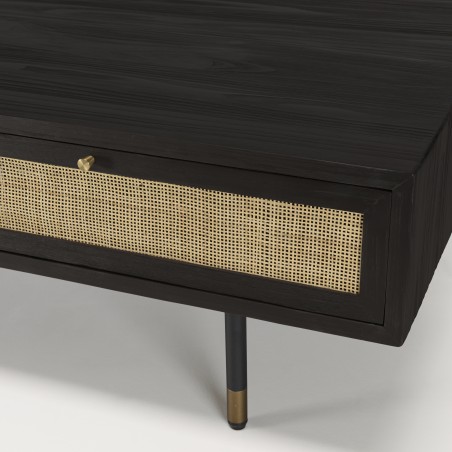 Table basse YANIS - Bois Pin noir 4 tiroirs cannage