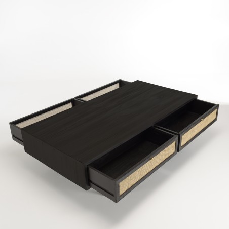 Table basse YANIS - Bois Pin noir 4 tiroirs cannage