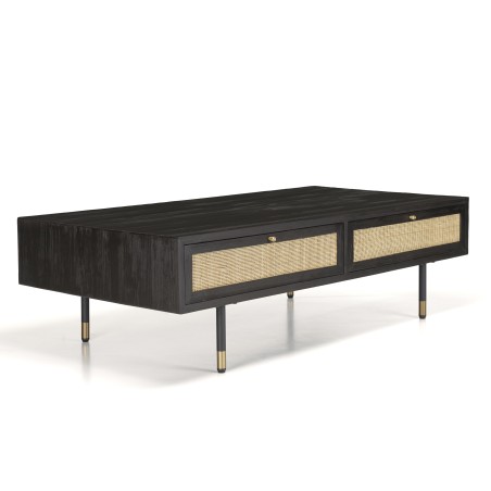 Table basse YANIS - Bois Pin noir 4 tiroirs cannage