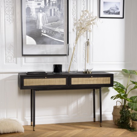 YANIS - Black Pine Wood Console with 2 Cane Drawers