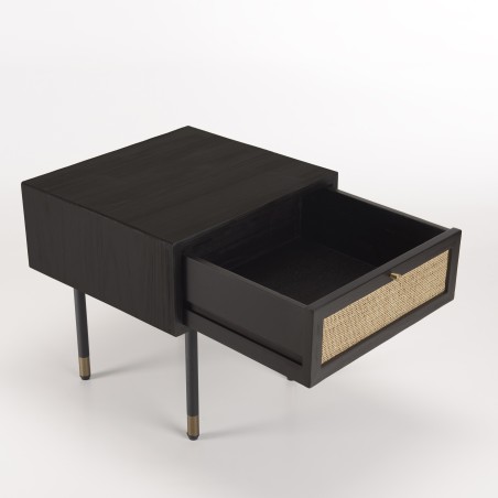 YANIS Black Pine Bedside Table with 1 Drawer and Cane Top