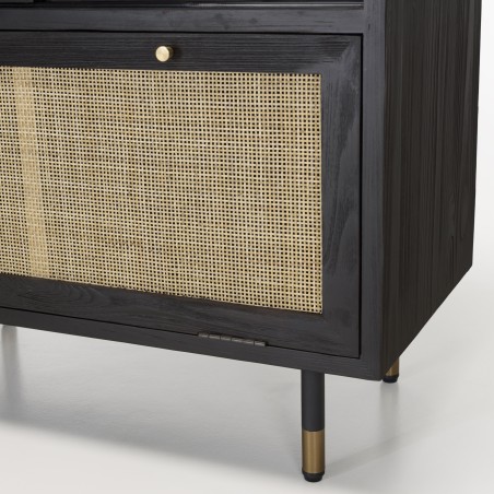 YANIS Black Pine Sideboard with Sliding Glass Doors and Cane Door