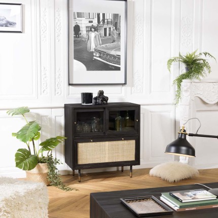 YANIS Black Pine Sideboard with Sliding Glass Doors and Cane Door