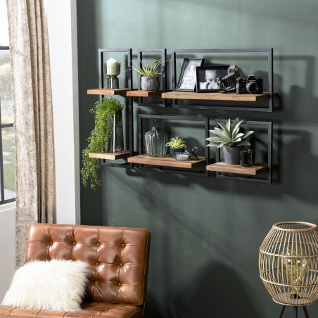 SIXTINE Wall Shelf 'M' 1 Recycled Brown Teak Shelf with Black Metal Frame