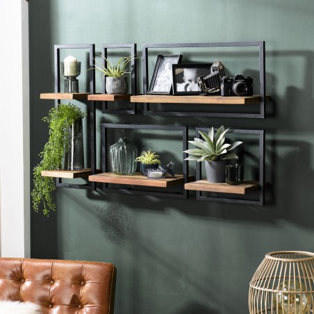 SIXTINE Wall Shelf - Brown Recycled Teak Shelves, Black Metal Frame