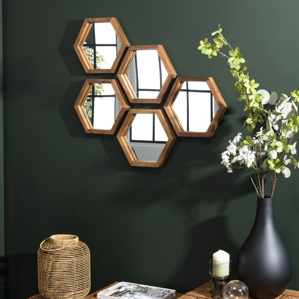 SIXTINE 'S' Brown Hexagonal Teak Mirror SIXTINE 'S' Brown Hexagonal Teak Mirror