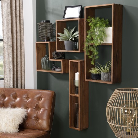 SIXTINE Rectangular Brown Wall Shelf - Recycled Teak Wood - 2 Niches
